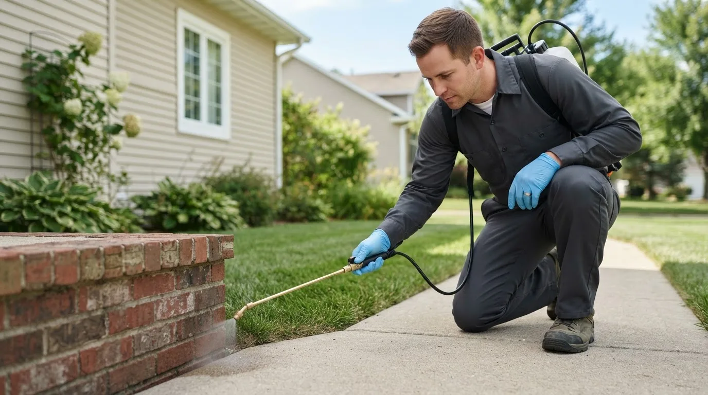 Pest control technician treating a home near Dixon, IL